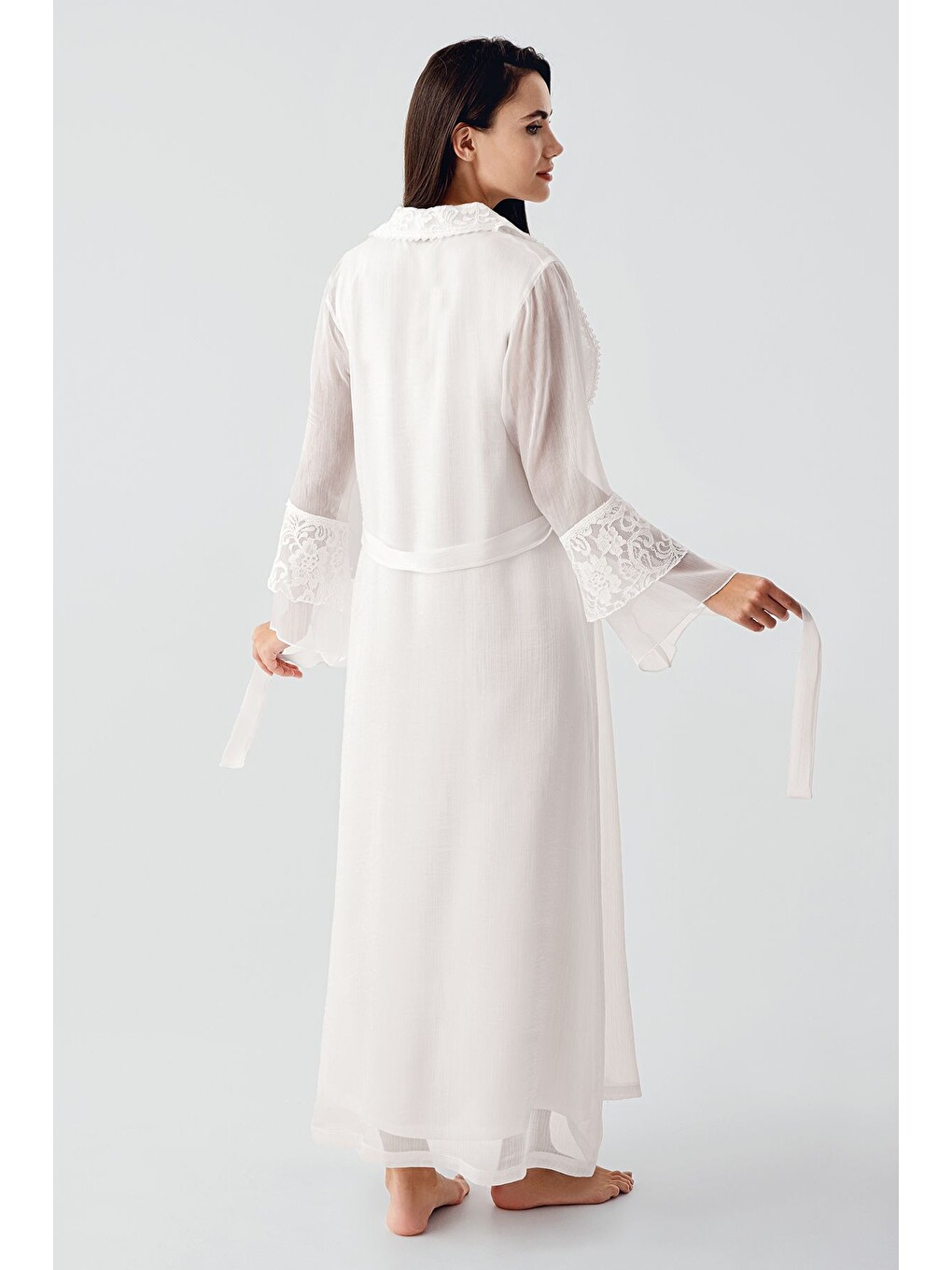 Ekru Elegant Dokuma Dantelli Viskoz Sabahlık Gecelik Takım Bn03-6