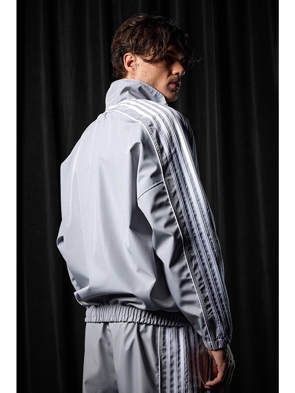 Erkek Relaxed Fit Şeritli Spor Eşofman Takımı Gri-4