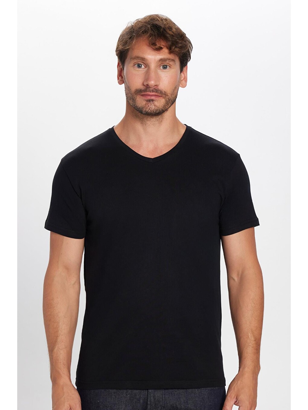 Erkek Slim Fit Dar Kesim %100 Pamuk Yumuşak Dokulu Siyah V Yaka Tişört-3