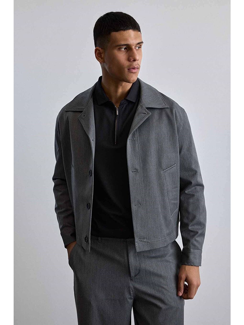 Erkek Smart Casual Relaxed Fit Düğmeli Ceket Gri-2