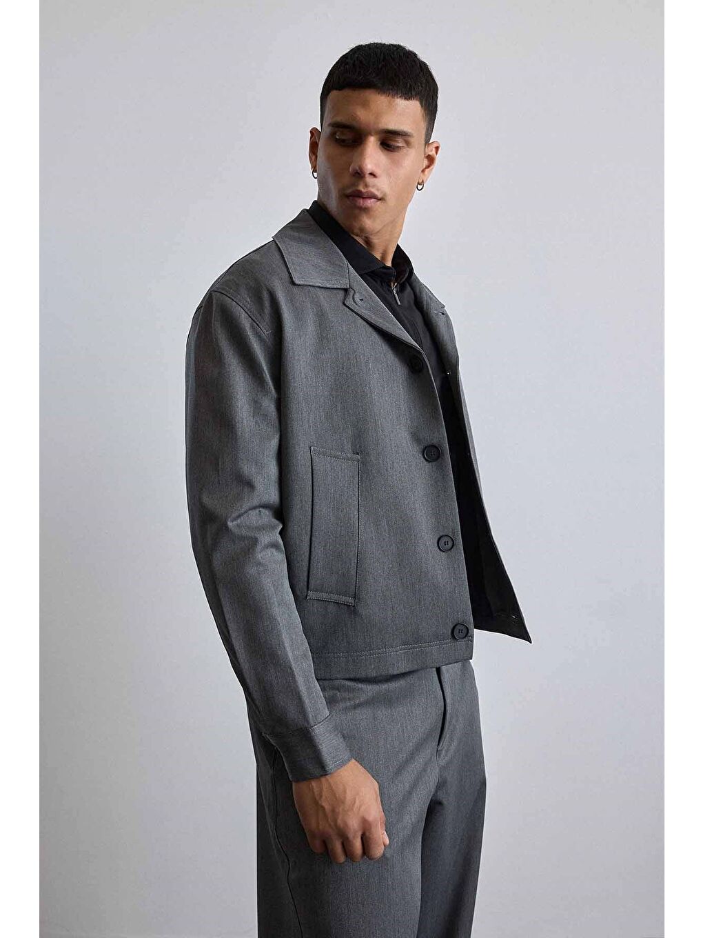 Erkek Smart Casual Relaxed Fit Düğmeli Ceket Gri-4