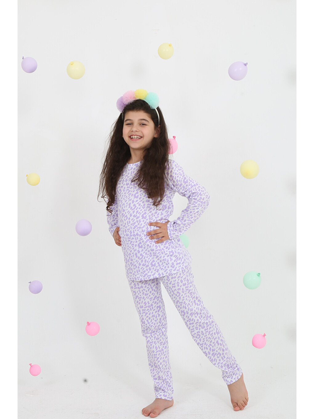 Lila Bisiklet Yaka Baskılı Uzun Kollu Kız Çocuk Pijama Takımı-1