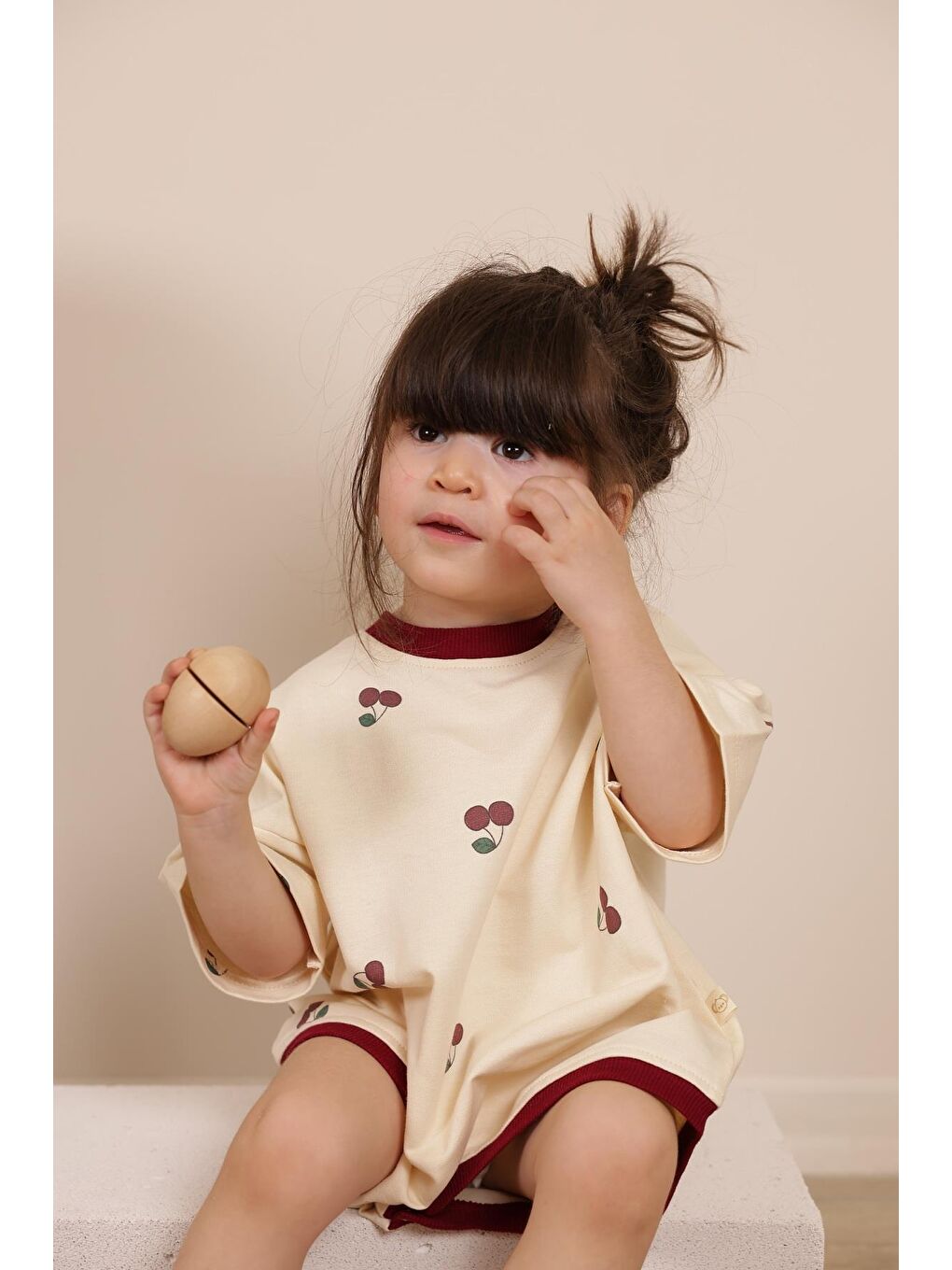 Bej Kiraz Baskılı Oversize Tulum-3