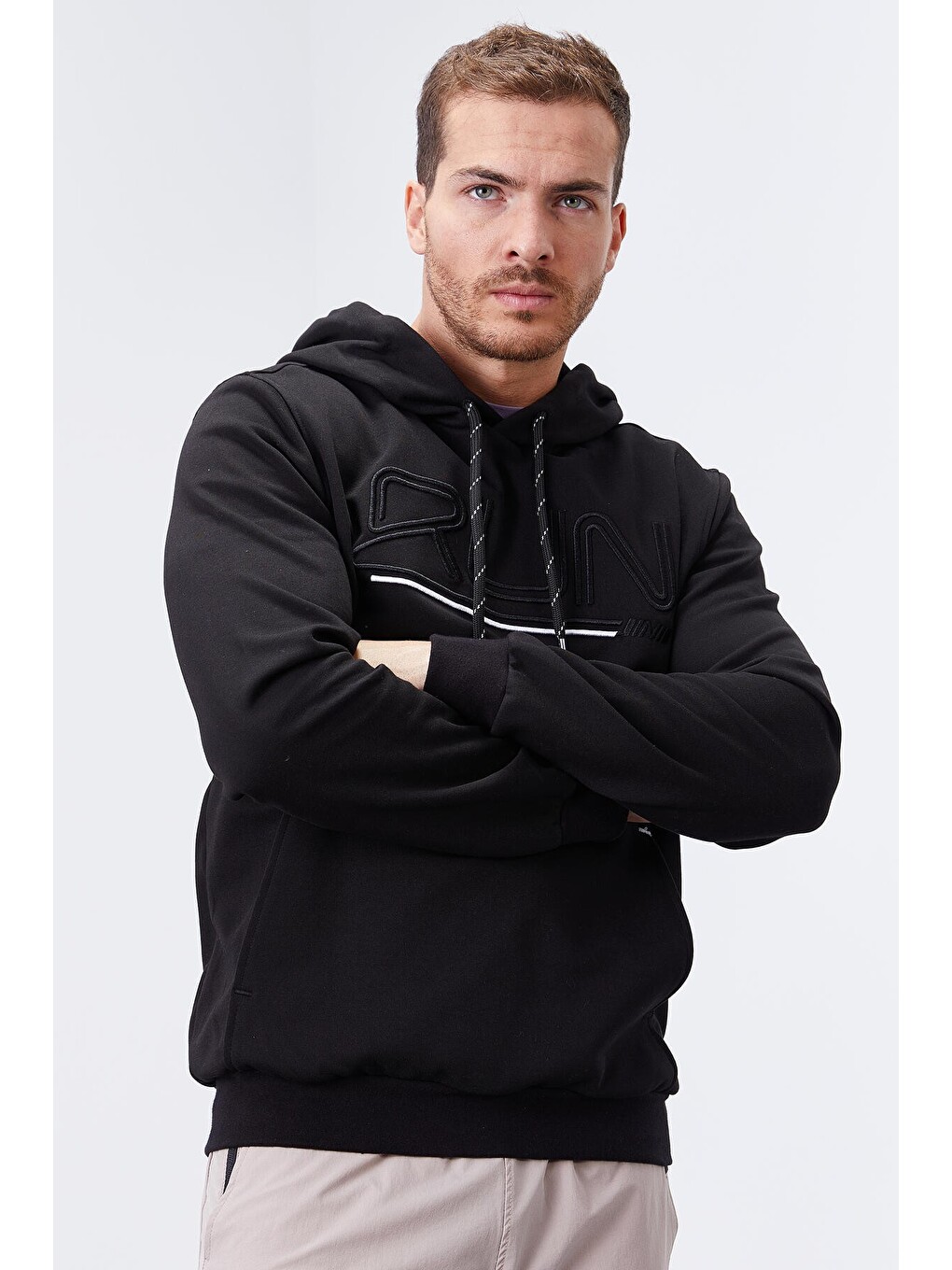 Siyah Yazı Nakışlı Standart Kalıp Kapüşonlu Erkek Hoodie - 87887