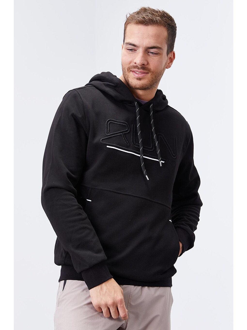 Siyah Yazı Nakışlı Standart Kalıp Kapüşonlu Erkek Hoodie - 87887-2