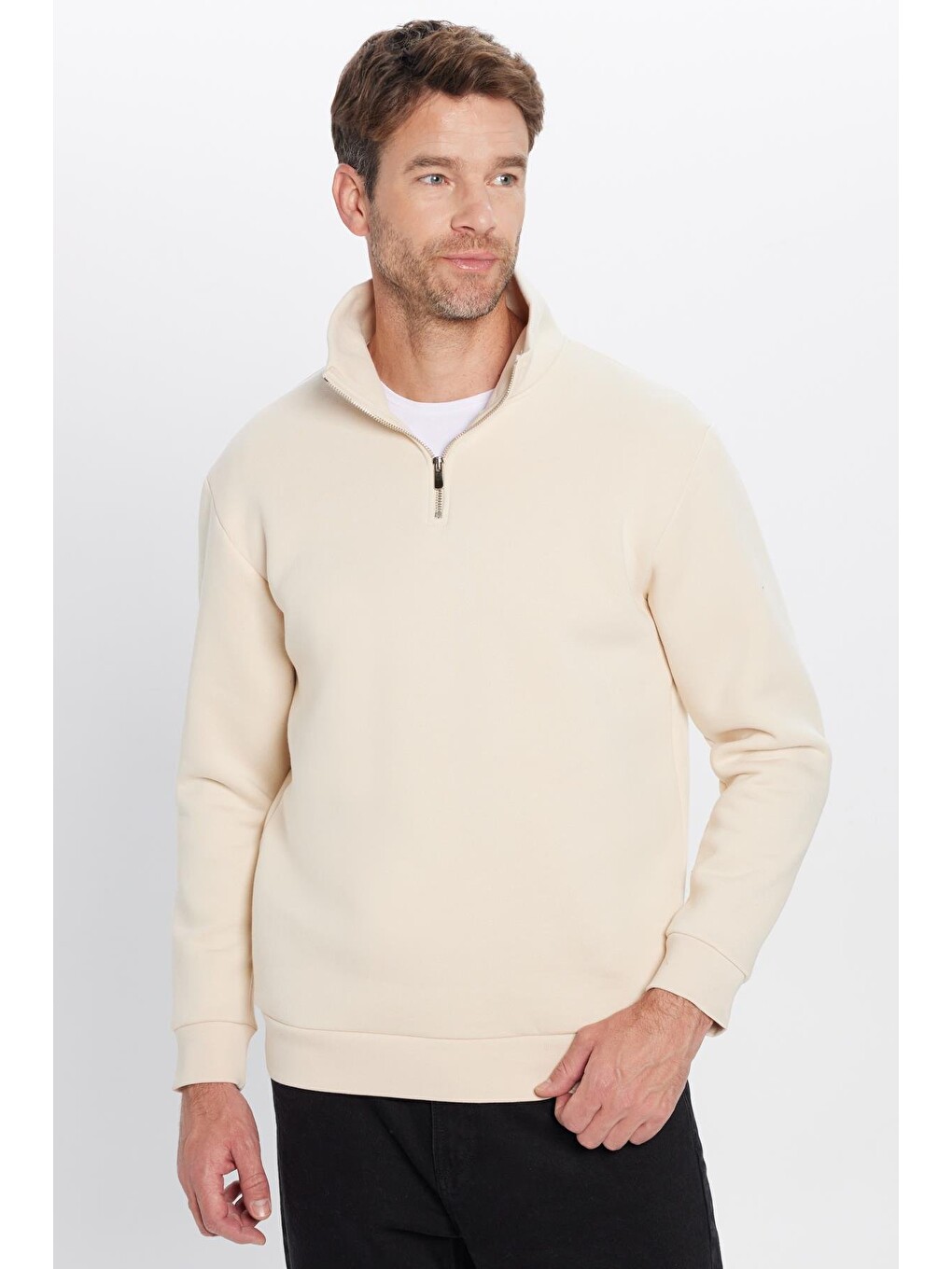 Unisex Relax Fit Rahat Kesim Pamuklu İçi Polarlı Yarım Fermuarlı Ekru Dik Yaka Sweatshirt-1