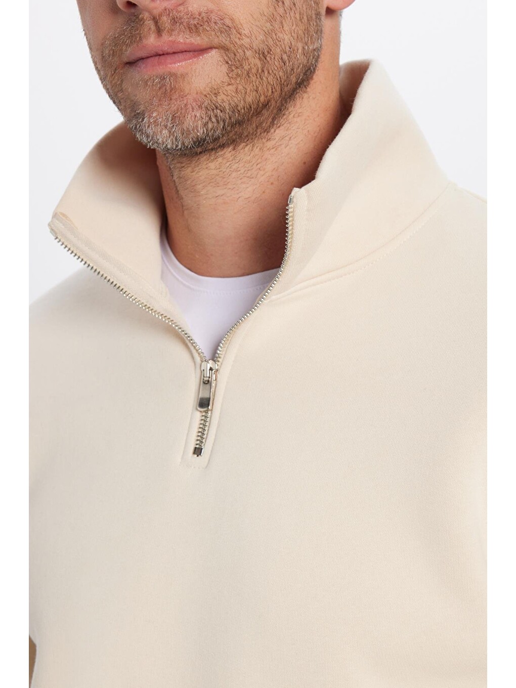 Unisex Relax Fit Rahat Kesim Pamuklu İçi Polarlı Yarım Fermuarlı Ekru Dik Yaka Sweatshirt-2