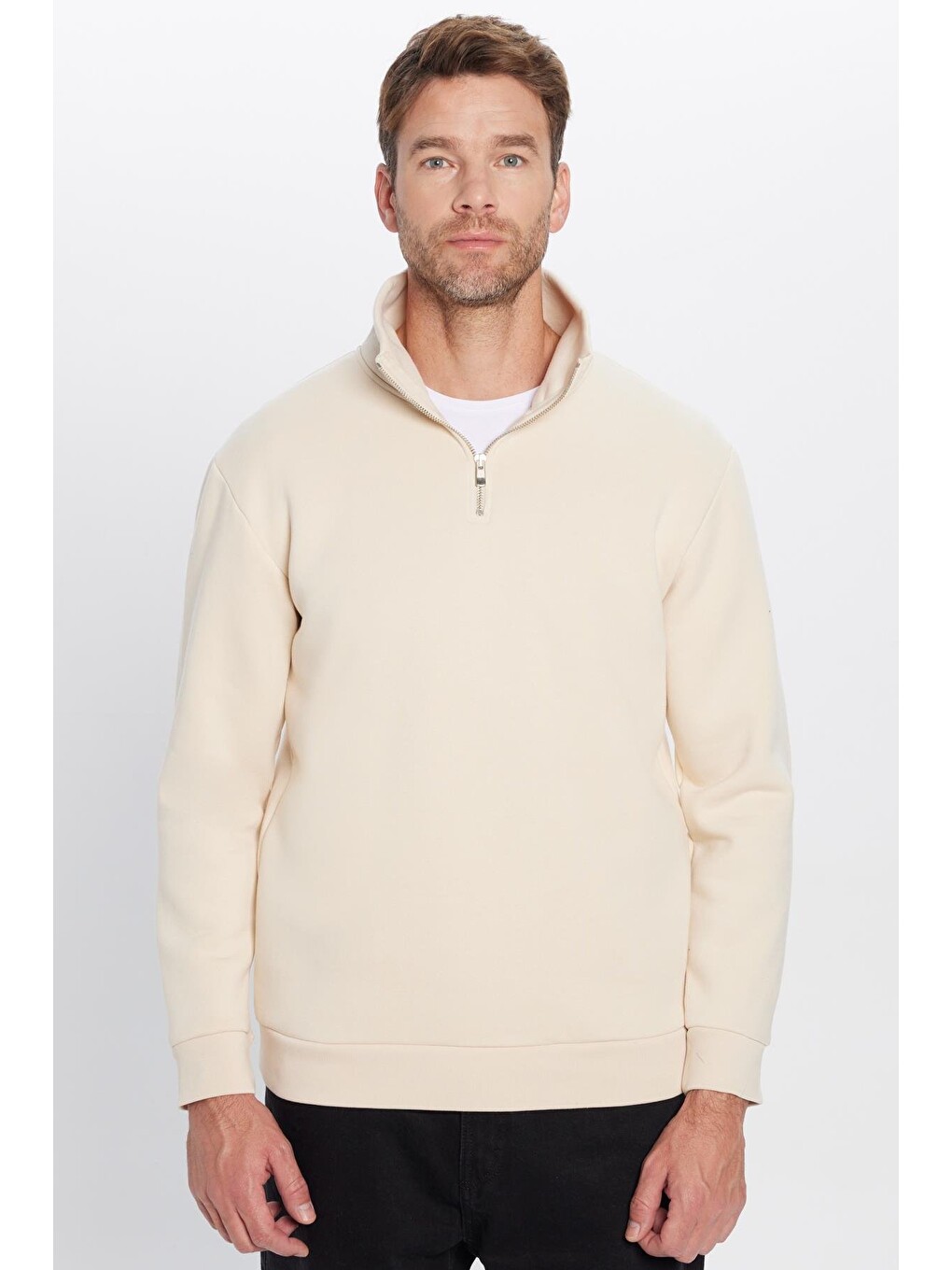 Unisex Relax Fit Rahat Kesim Pamuklu İçi Polarlı Yarım Fermuarlı Ekru Dik Yaka Sweatshirt-3