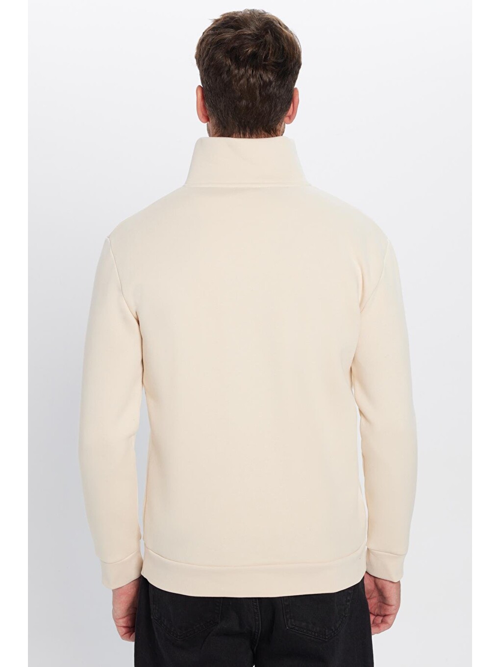 Unisex Relax Fit Rahat Kesim Pamuklu İçi Polarlı Yarım Fermuarlı Ekru Dik Yaka Sweatshirt-4