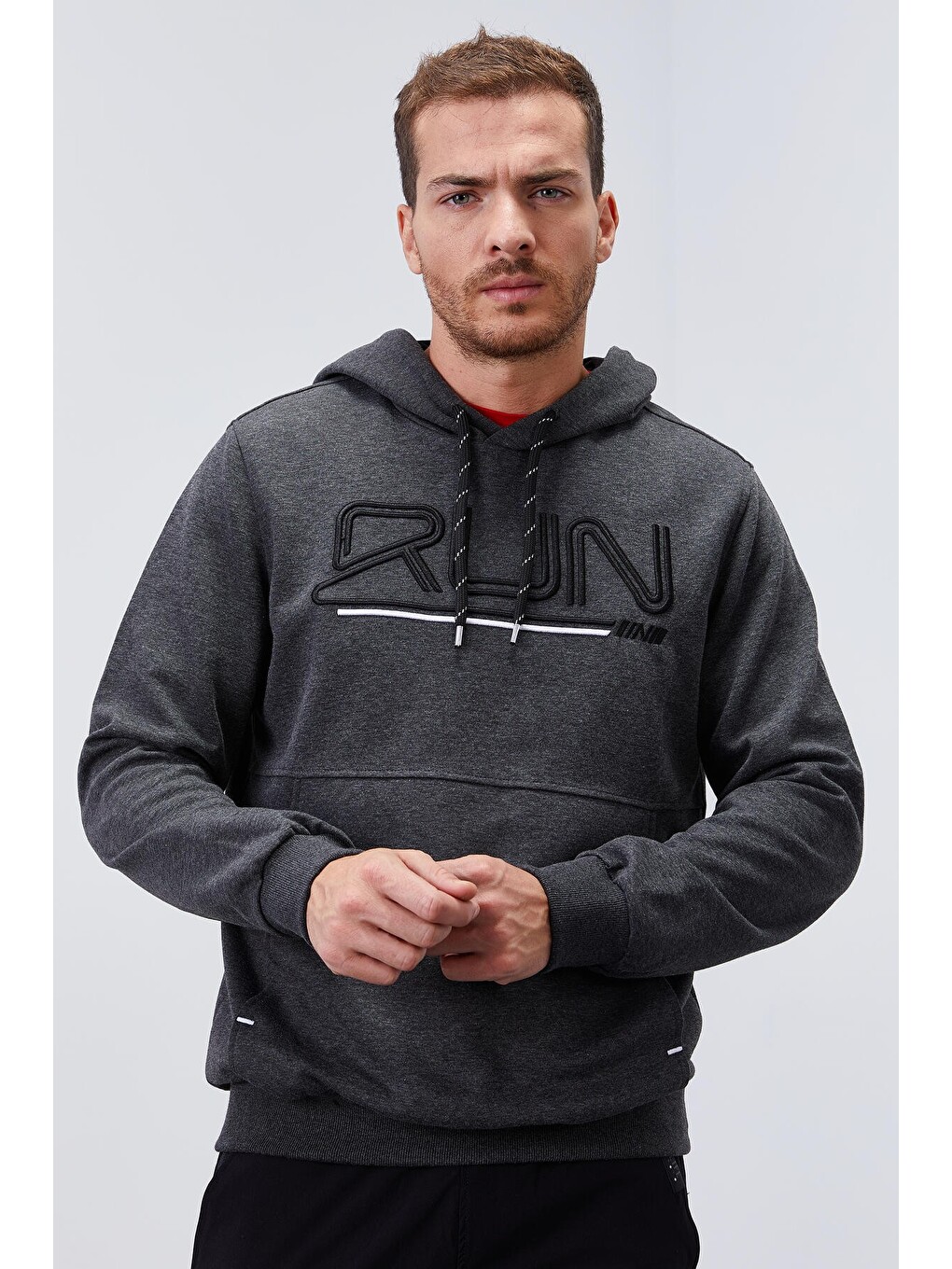 Antrasit Melanj Yazı Nakışlı Standart Kalıp Kapüşonlu Erkek Hoodie - 87887-2
