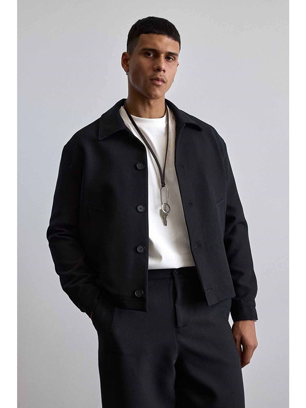 Erkek Smart Casual Relaxed Fit Düğmeli Ceket Siyah-2