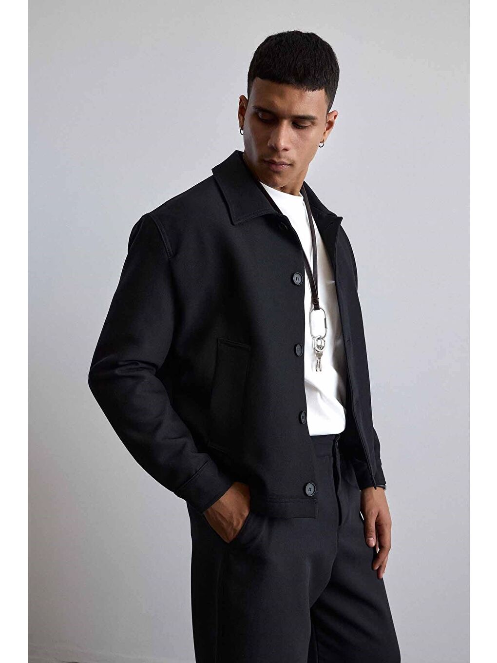 Erkek Smart Casual Relaxed Fit Düğmeli Ceket Siyah-4