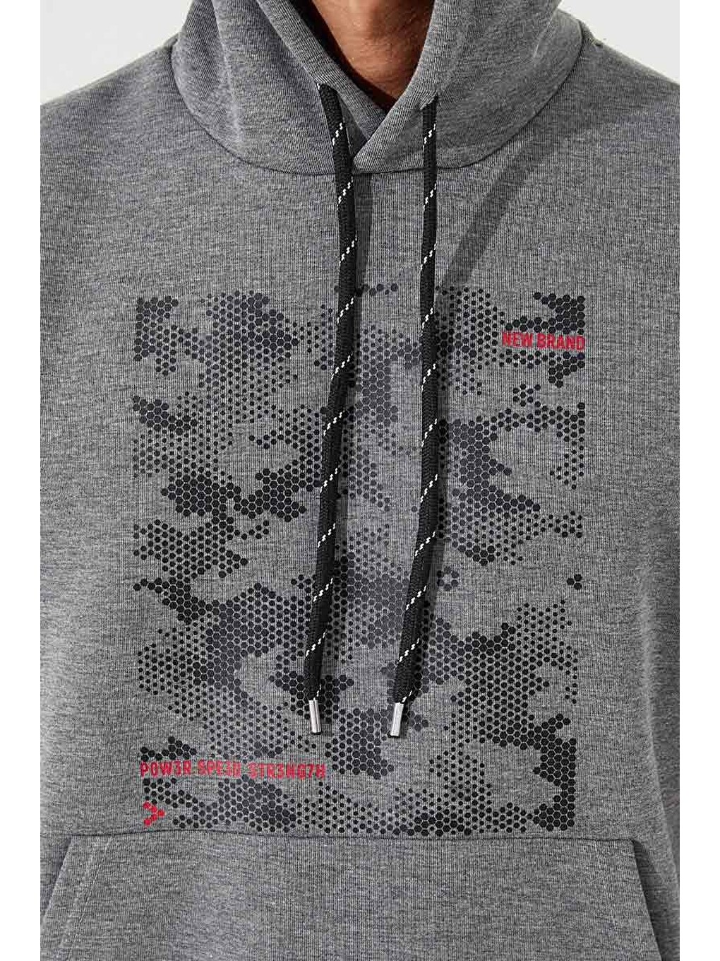Gri Melanj Kamuflaj Desen Baskılı Standart Kalıp Kapüşonlu Erkek Hoodie - 87884-3