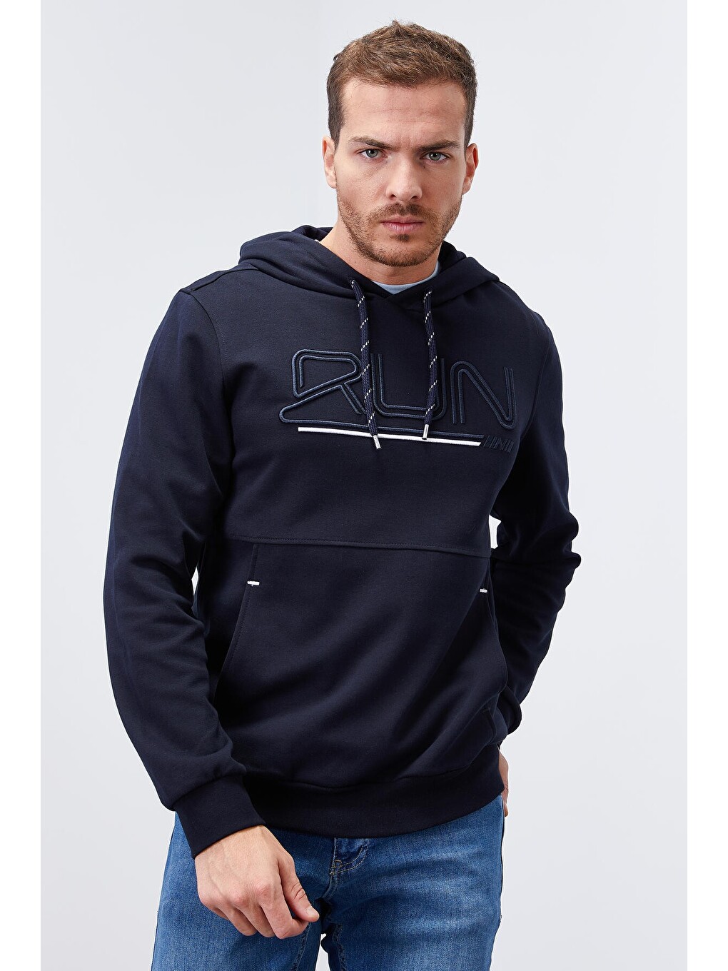 Lacivert Yazı Nakışlı Standart Kalıp Kapüşonlu Erkek Hoodie - 87887-2