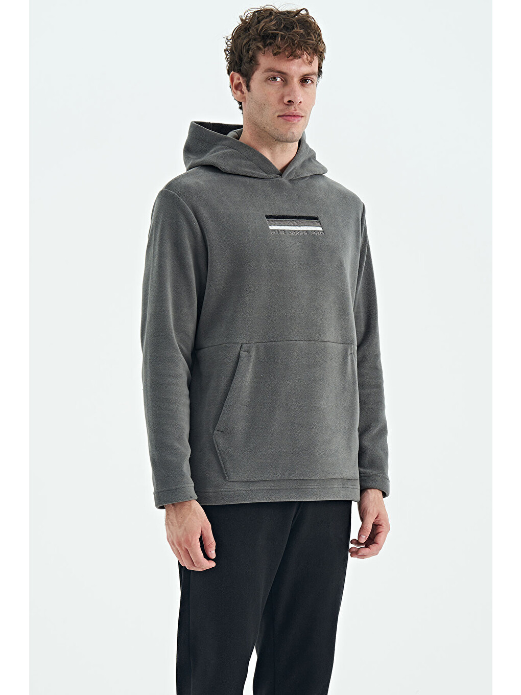 Hern Koyu Gri Polar Erkek Kapüşonlu Sweatshirt Hoodie - 88301-4