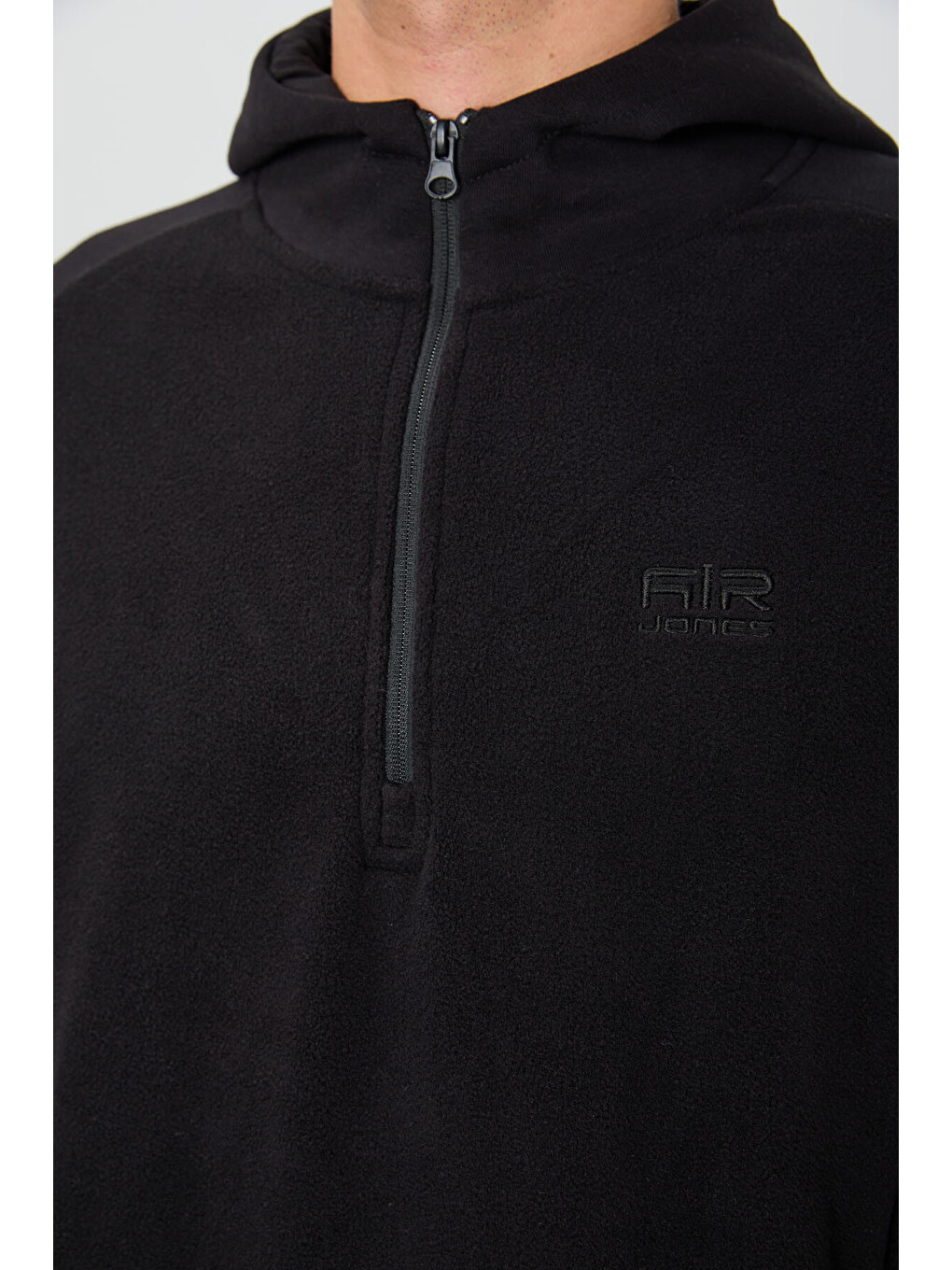 Siyah Yarım Fermuarlı Kapüşonlu Renk Bloklu Standart Kalıp Polar Erkek Hoodie - 88300-2