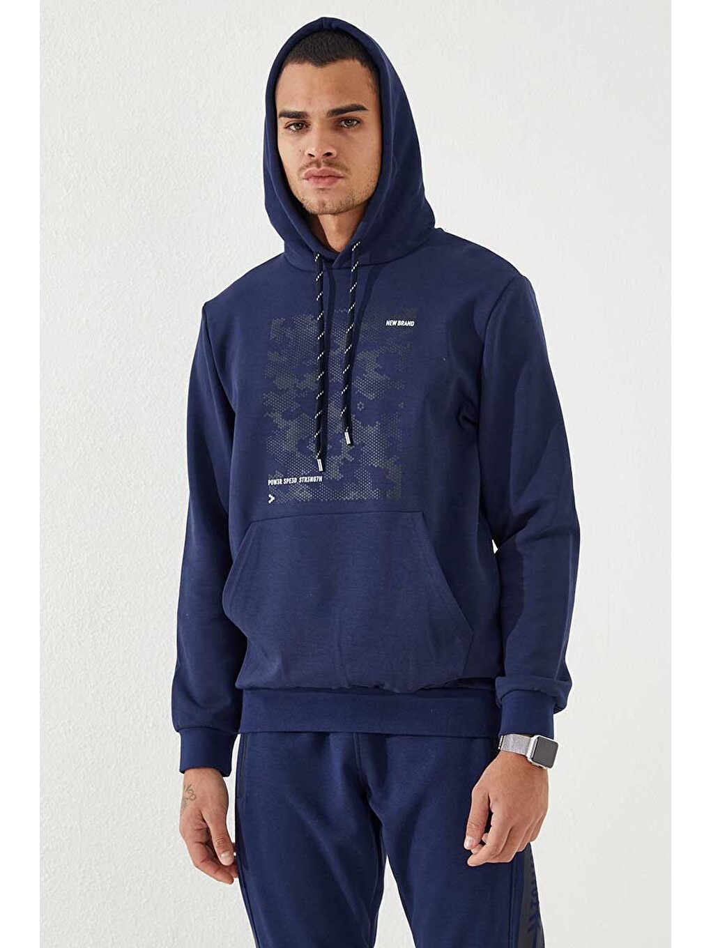 İndigo Kamuflaj Desen Baskılı Standart Kalıp Kapüşonlu Erkek Hoodie - 87884-4