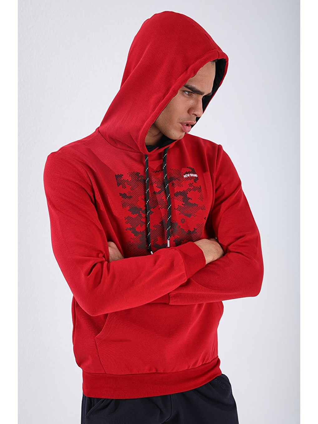Kırmızı Kamuflaj Desen Baskılı Standart Kalıp Kapüşonlu Erkek Hoodie - 87884-3