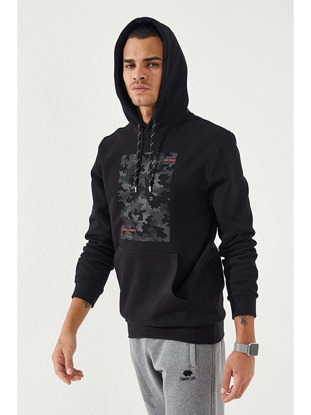 Siyah Kamuflaj Desen Baskılı Standart Kalıp Kapüşonlu Erkek Hoodie - 87884