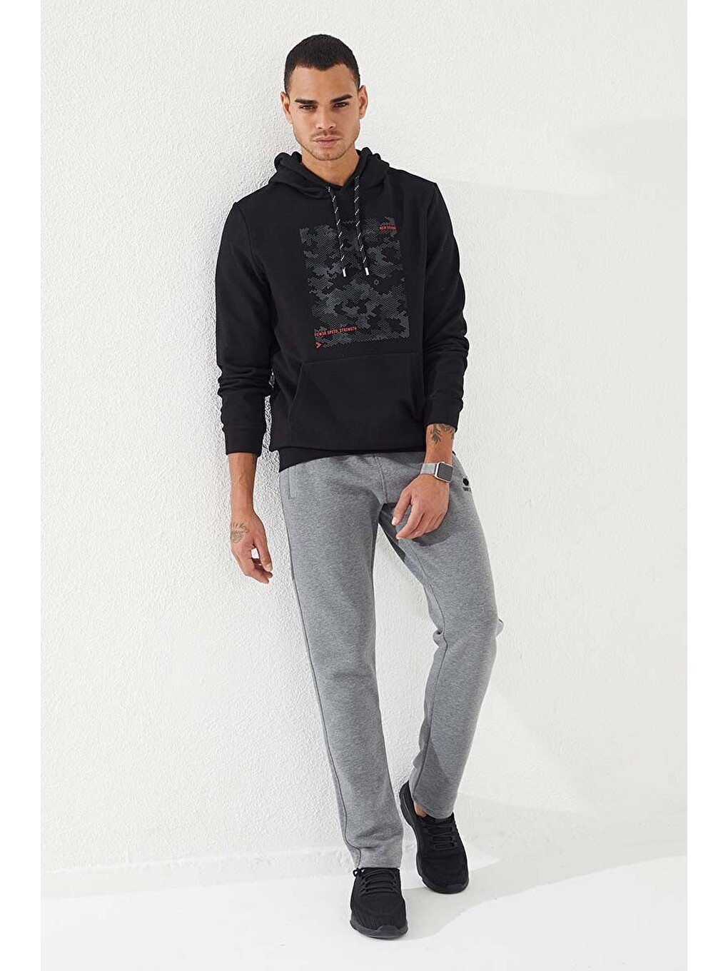 Siyah Kamuflaj Desen Baskılı Standart Kalıp Kapüşonlu Erkek Hoodie - 87884-1