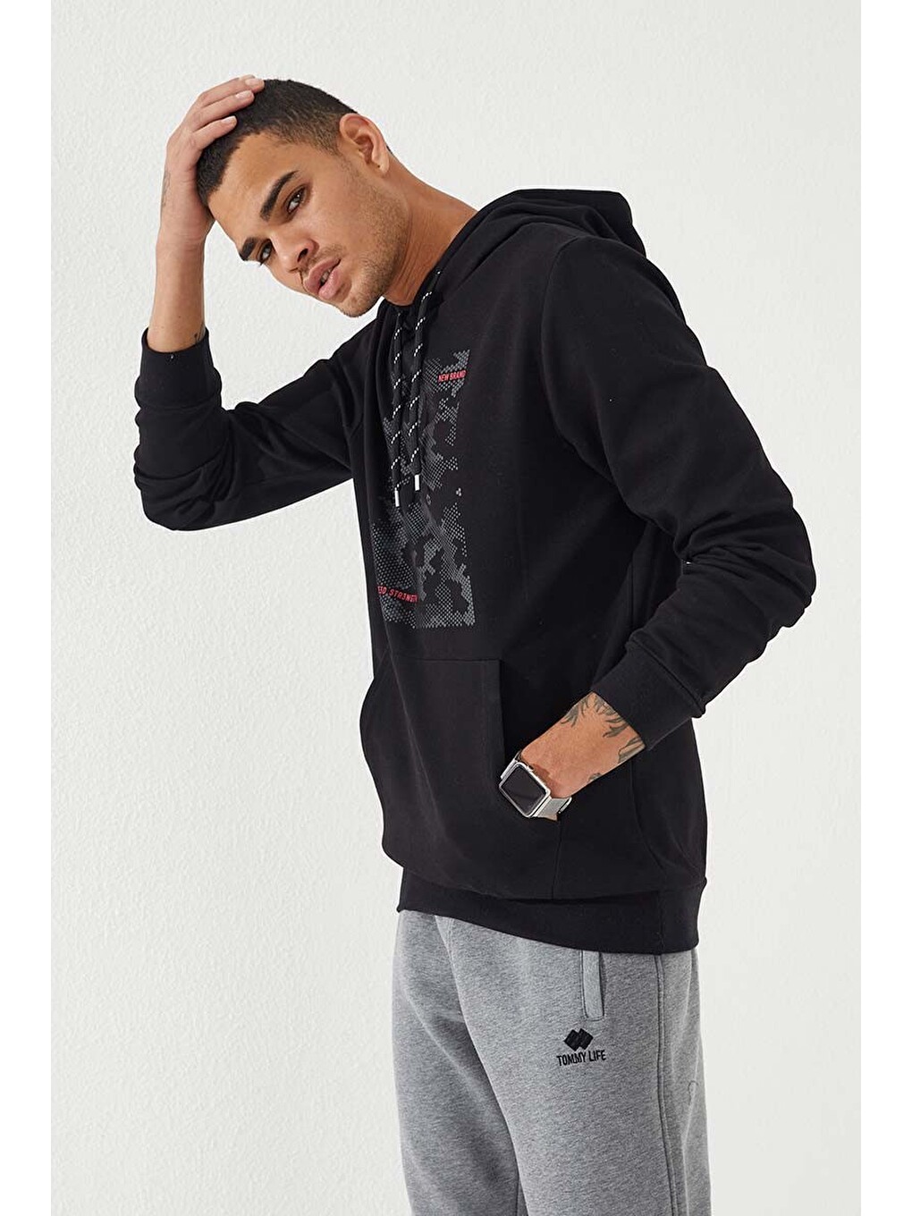 Siyah Kamuflaj Desen Baskılı Standart Kalıp Kapüşonlu Erkek Hoodie - 87884-3