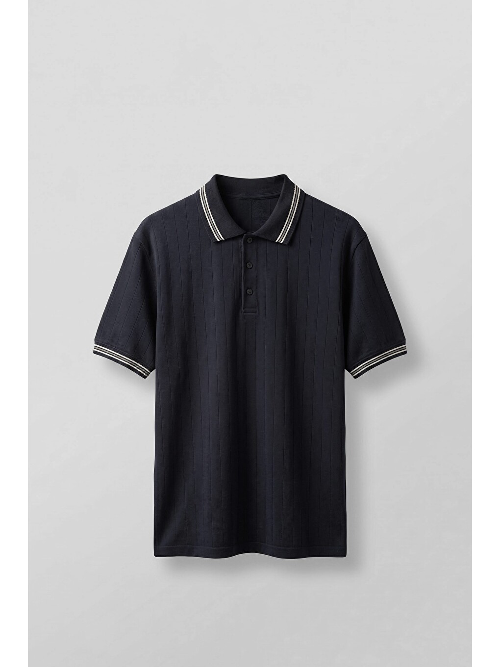 Erkek Oversize Kontrast Detaylı Triko Polo Yaka Tişört Lacivert