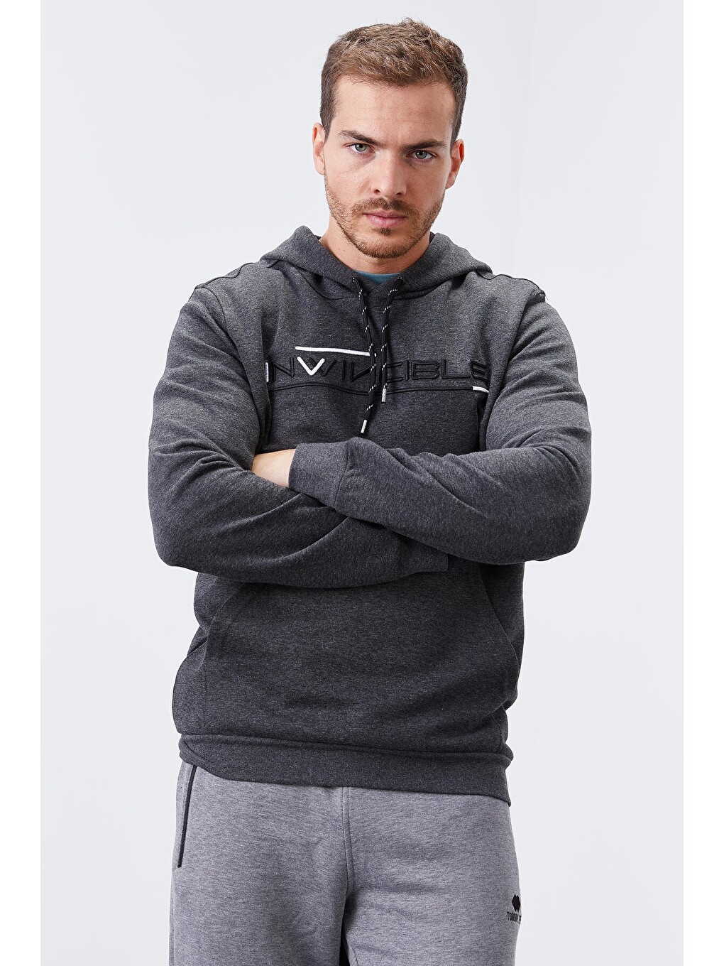 Antrasit Melanj Kanguru Cep Standart Kalıp Kapüşonlu Erkek Hoodie - 87883-4