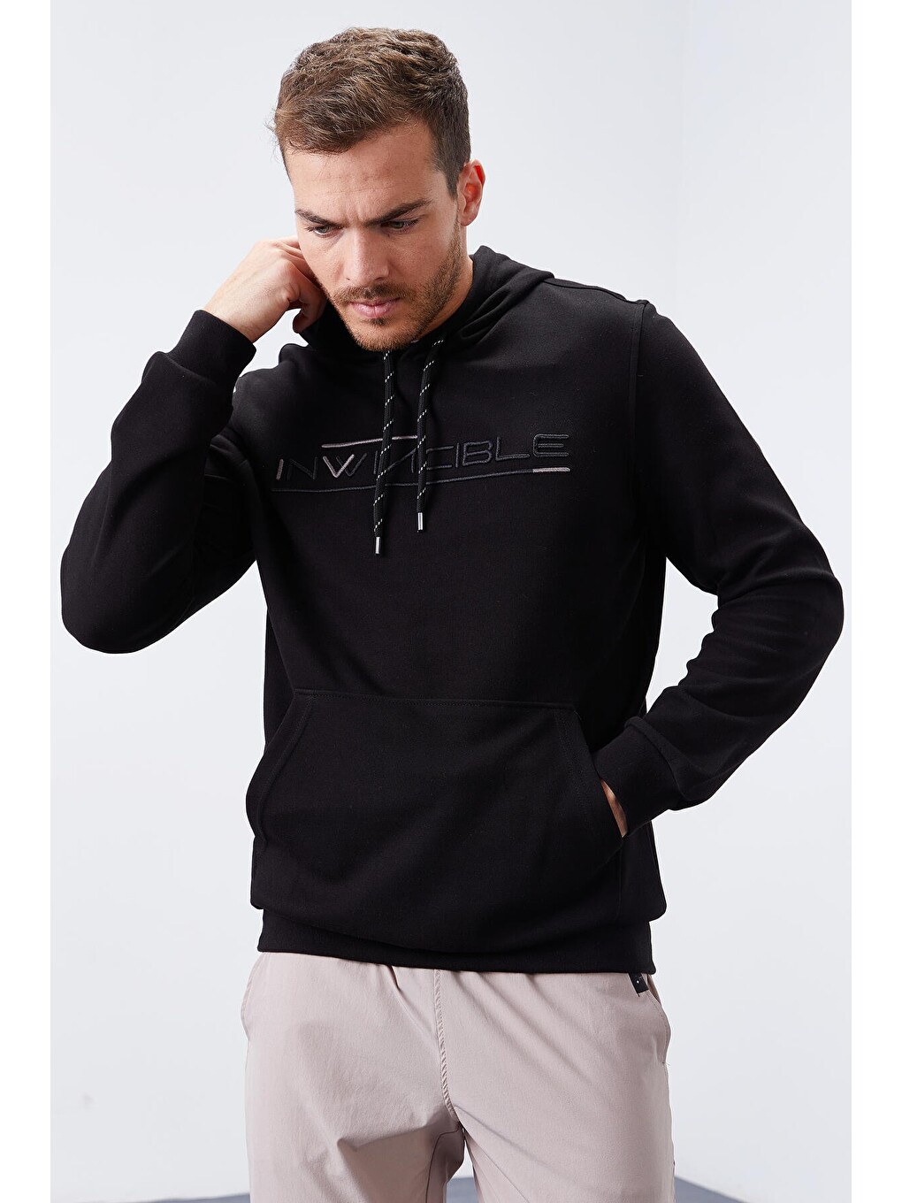 Siyah Kanguru Cep Standart Kalıp Kapüşonlu Erkek Hoodie - 87883