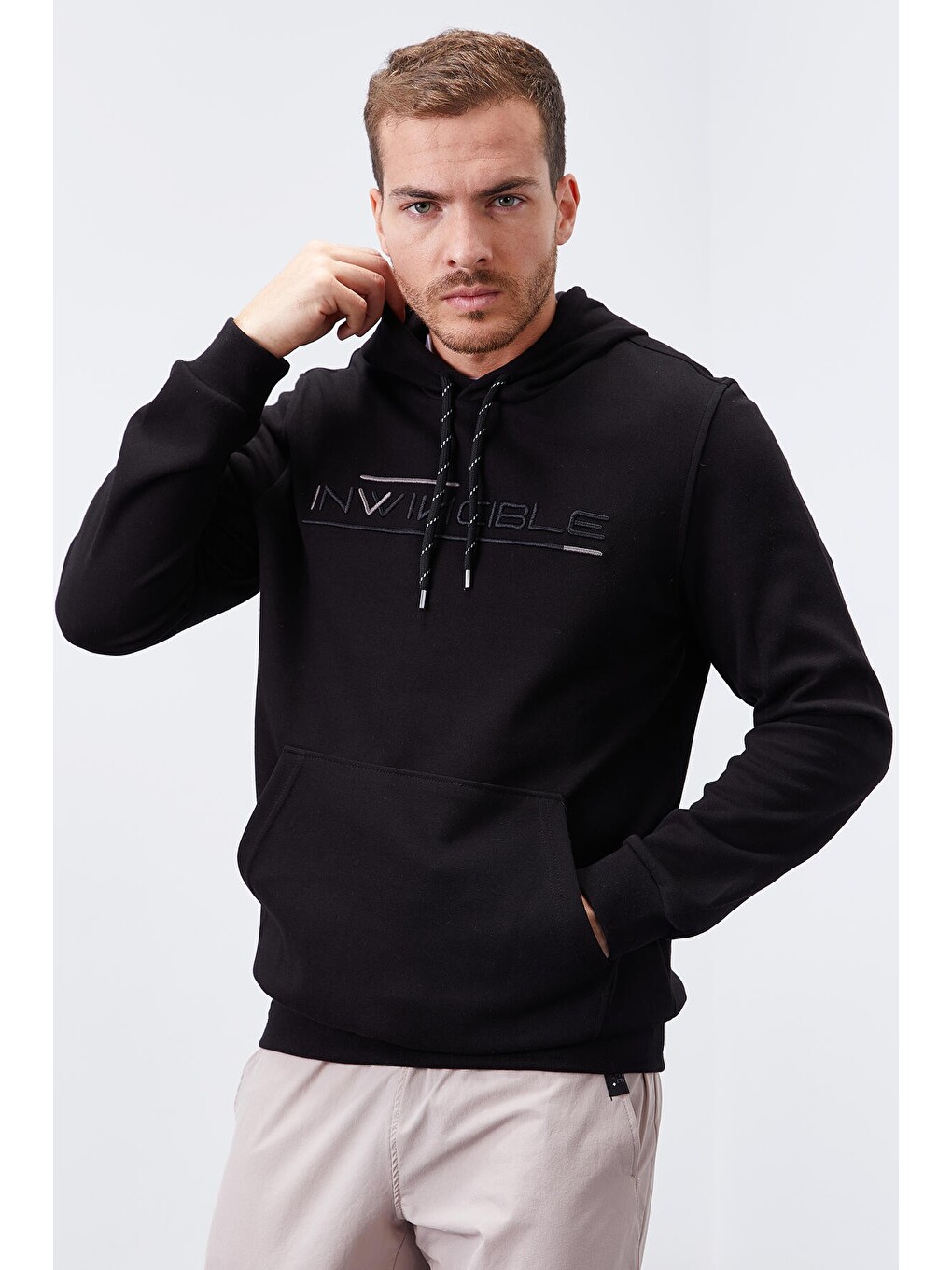 Siyah Kanguru Cep Standart Kalıp Kapüşonlu Erkek Hoodie - 87883-4