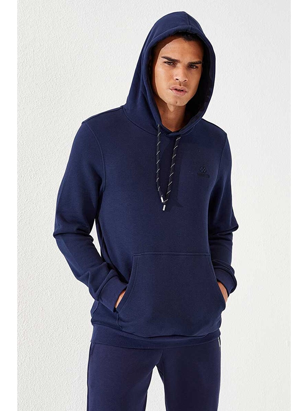 İndigo Kanguru Cep Standart Kalıp Kapüşonlu Erkek Hoodie - 87872-4
