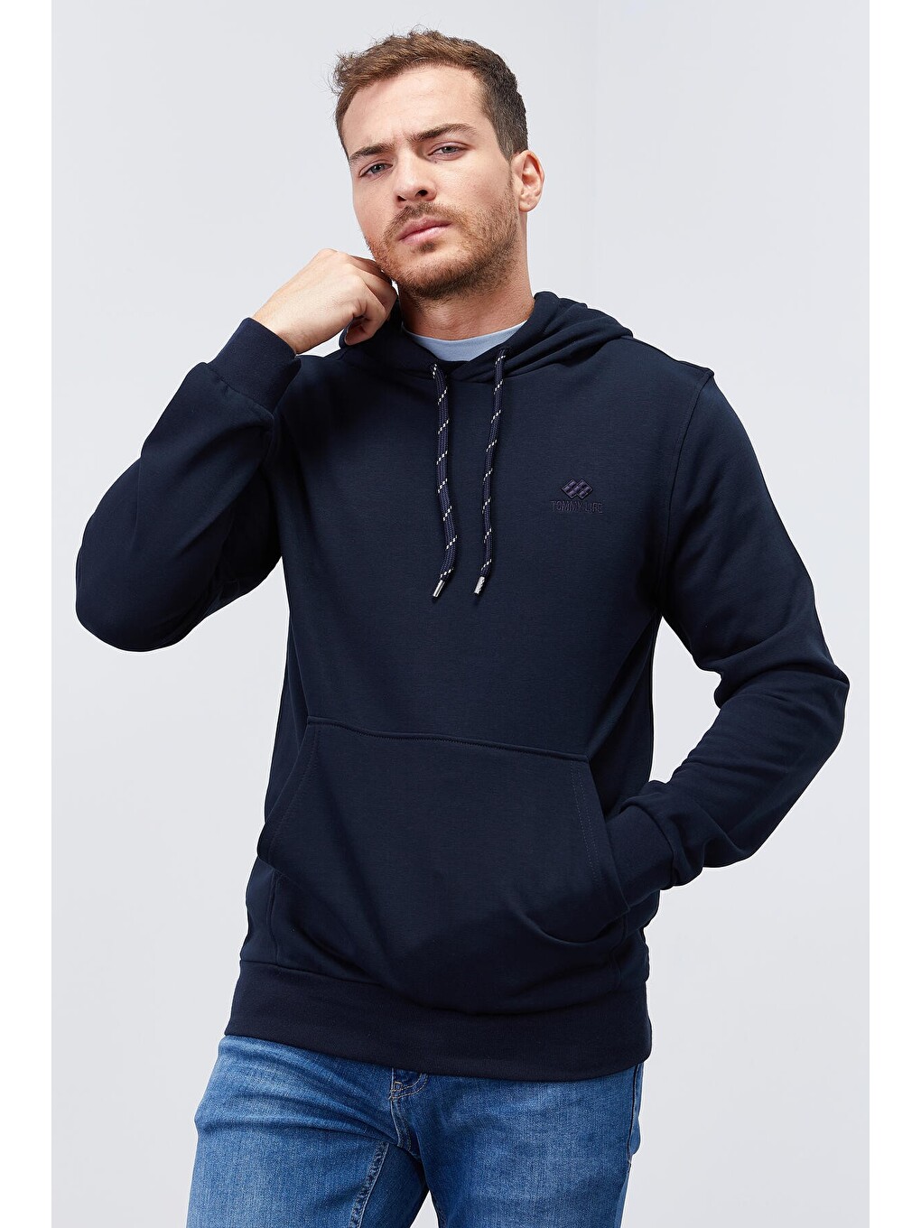 Lacivert Kanguru Cep Standart Kalıp Kapüşonlu Erkek Hoodie - 87872-4