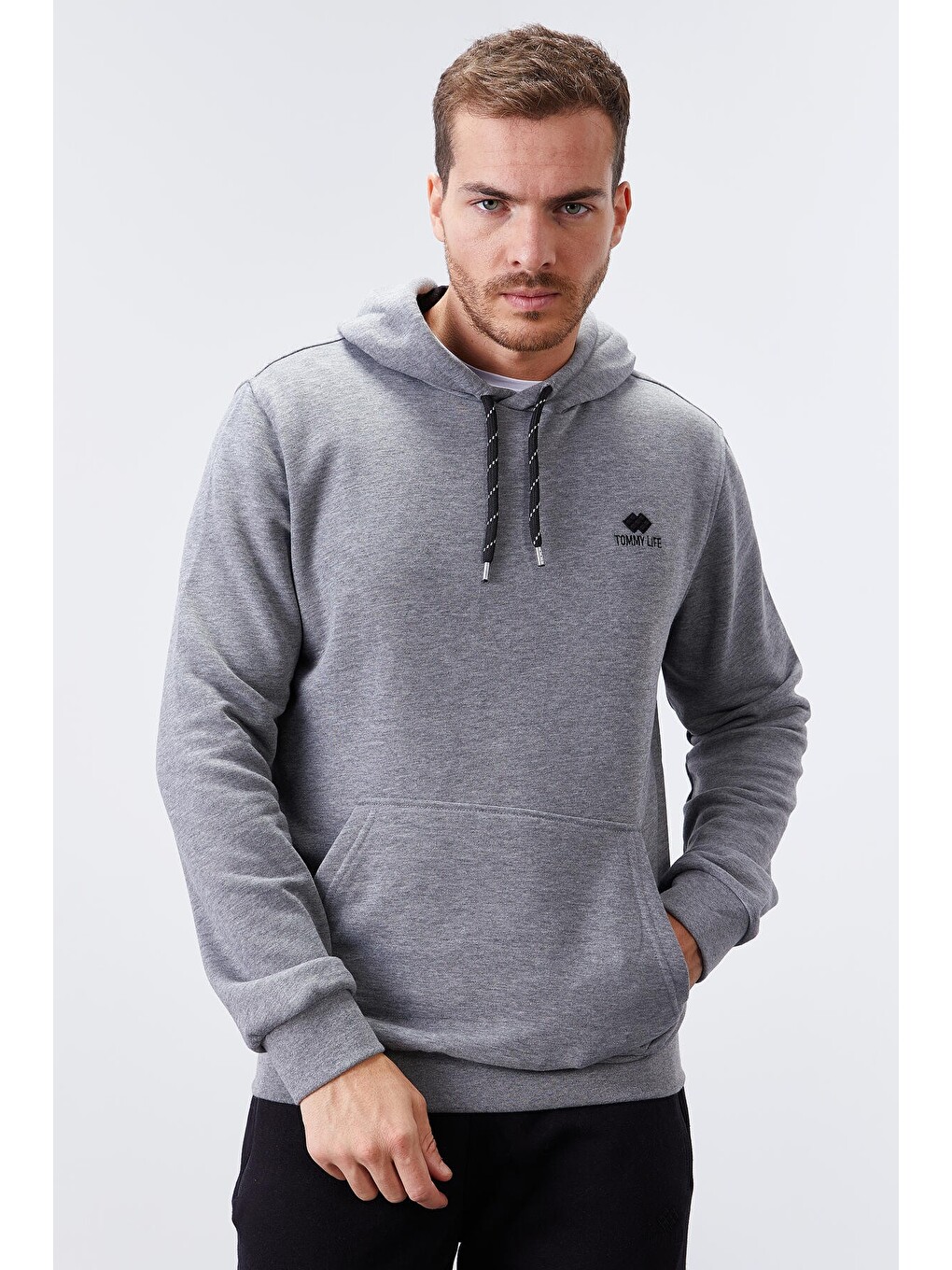 Gri Melanj Kanguru Cep Standart Kalıp Kapüşonlu Erkek Hoodie - 87872-2