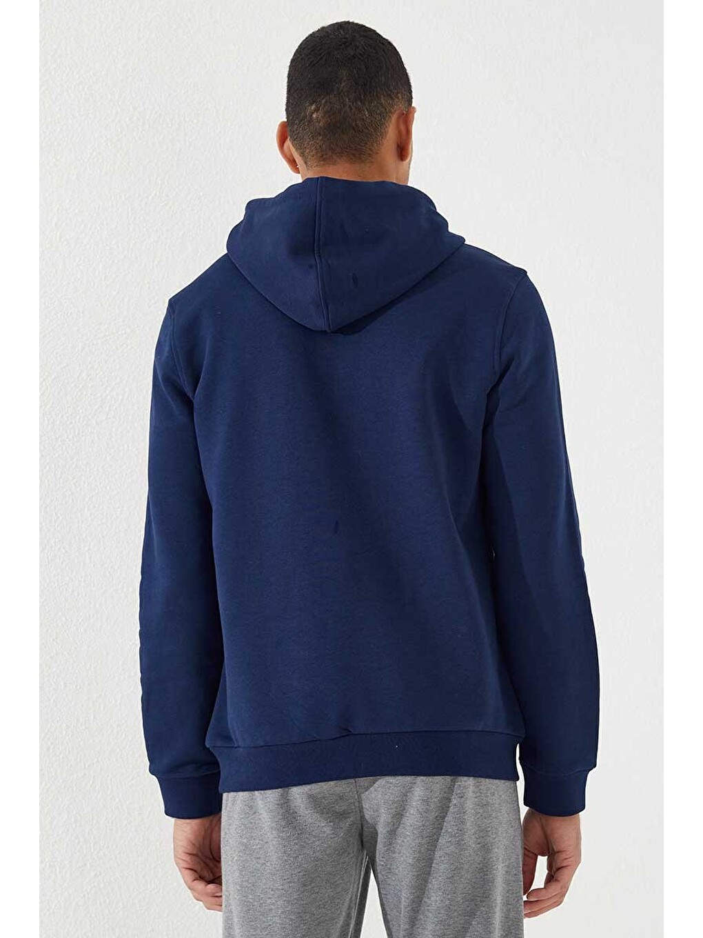 İndigo Nakışlı Kanguru Cep Standart Kalıp Kapüşonlu Erkek Hoodie - 87839-2
