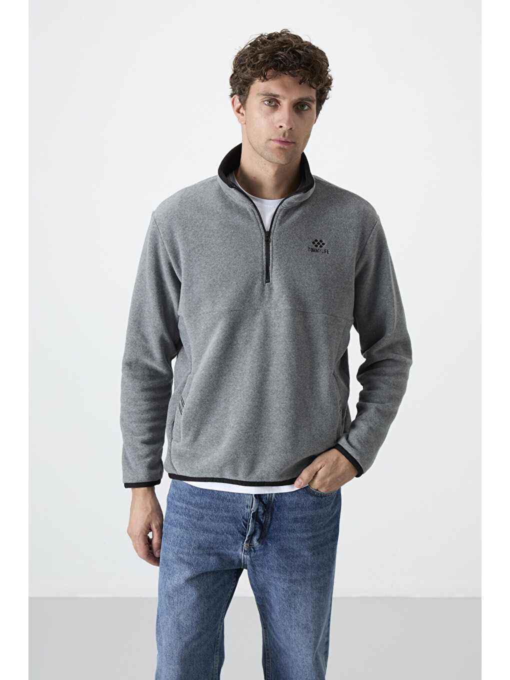 Gri Melanj Yarım Fermuarlı Sweatshirt Slim Fit Dik Yaka Erkek Polar - 87891