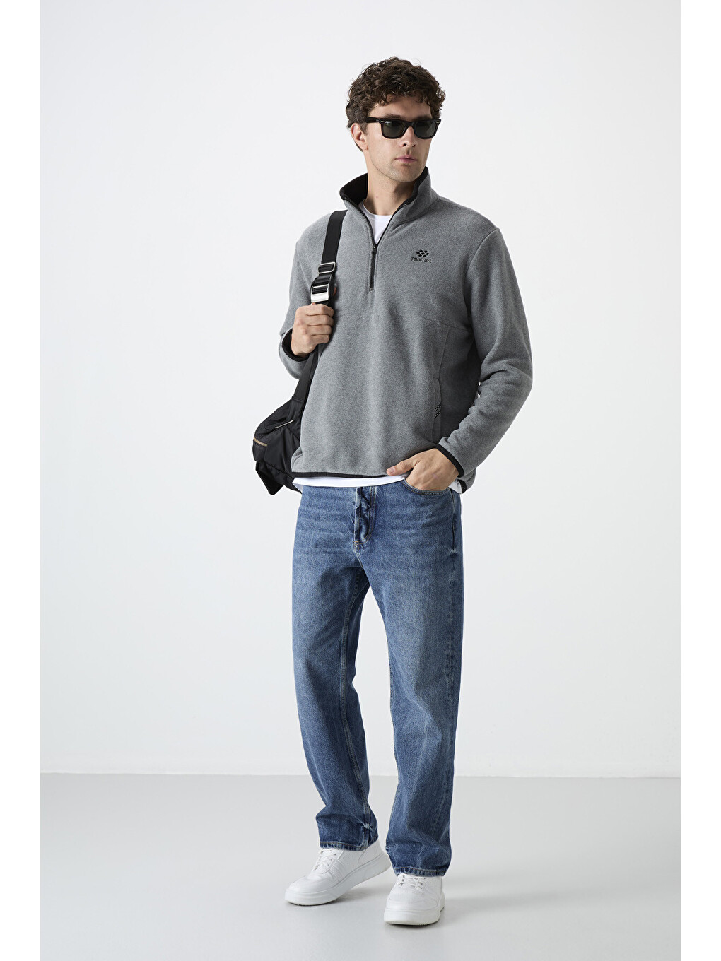Gri Melanj Yarım Fermuarlı Sweatshirt Slim Fit Dik Yaka Erkek Polar - 87891-1