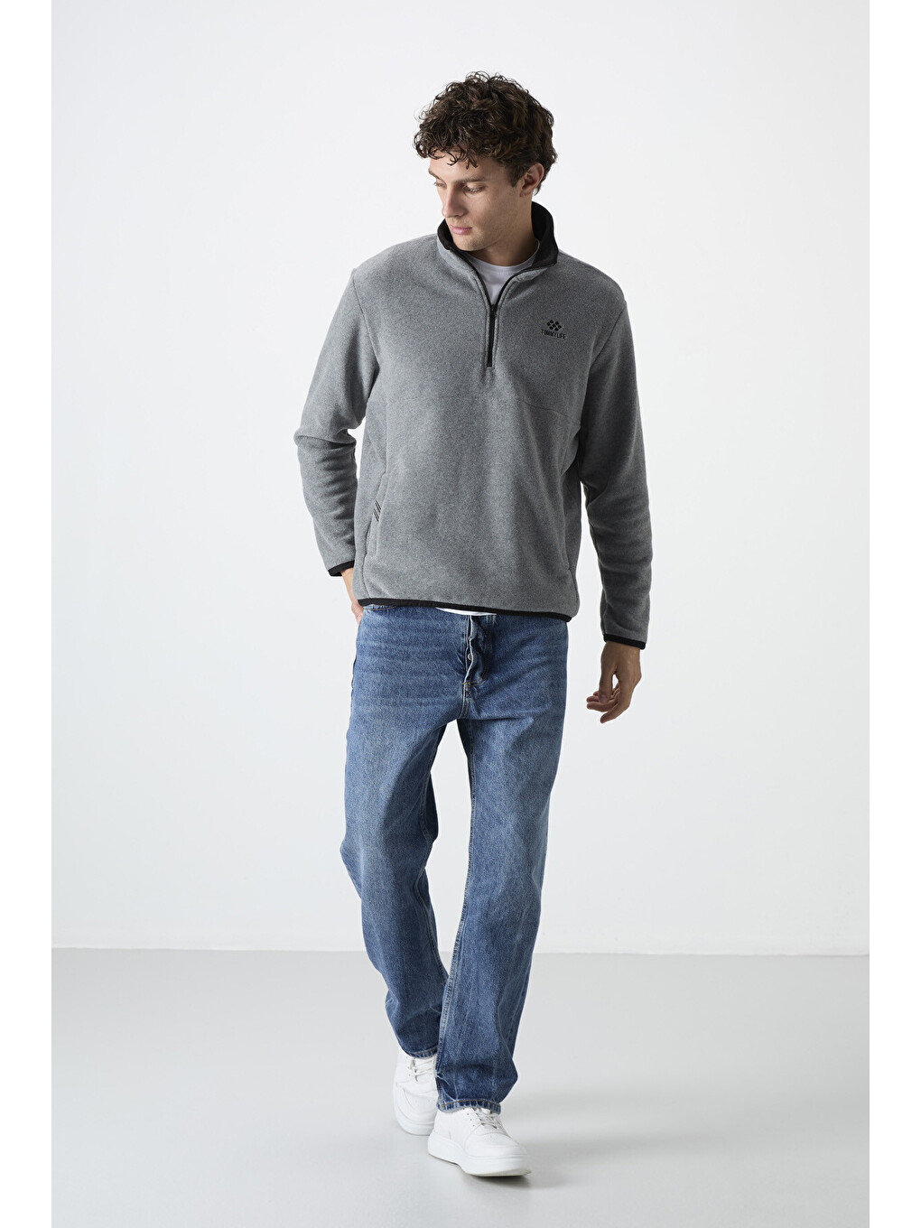 Gri Melanj Yarım Fermuarlı Sweatshirt Slim Fit Dik Yaka Erkek Polar - 87891-4