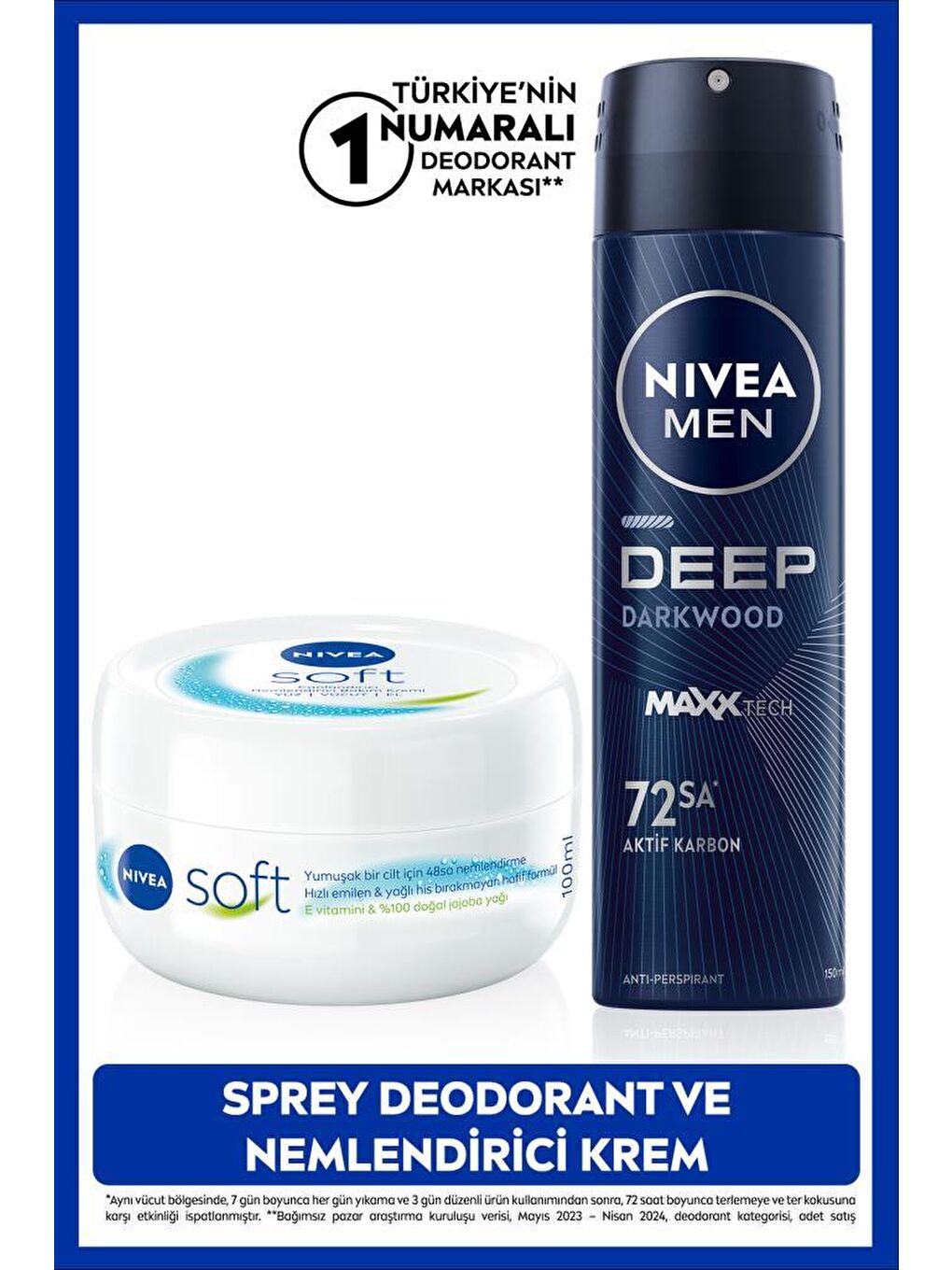NIVEA MEN Erkek Sprey Deodorant Deep Dimension 150ml, Ter Karşıtı ve Soft Nemlendirici Vücut Kremi 100ml