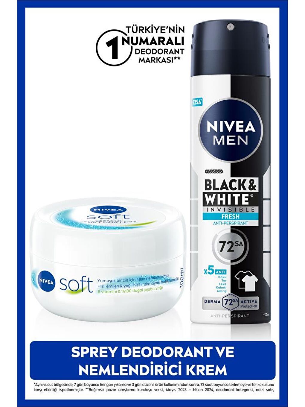 NIVEA MEN Erkek Sprey Deodorant Black&White Invisible Fresh 150ml ve Nemlendirici Vücut Bakım Kremi 100ml
