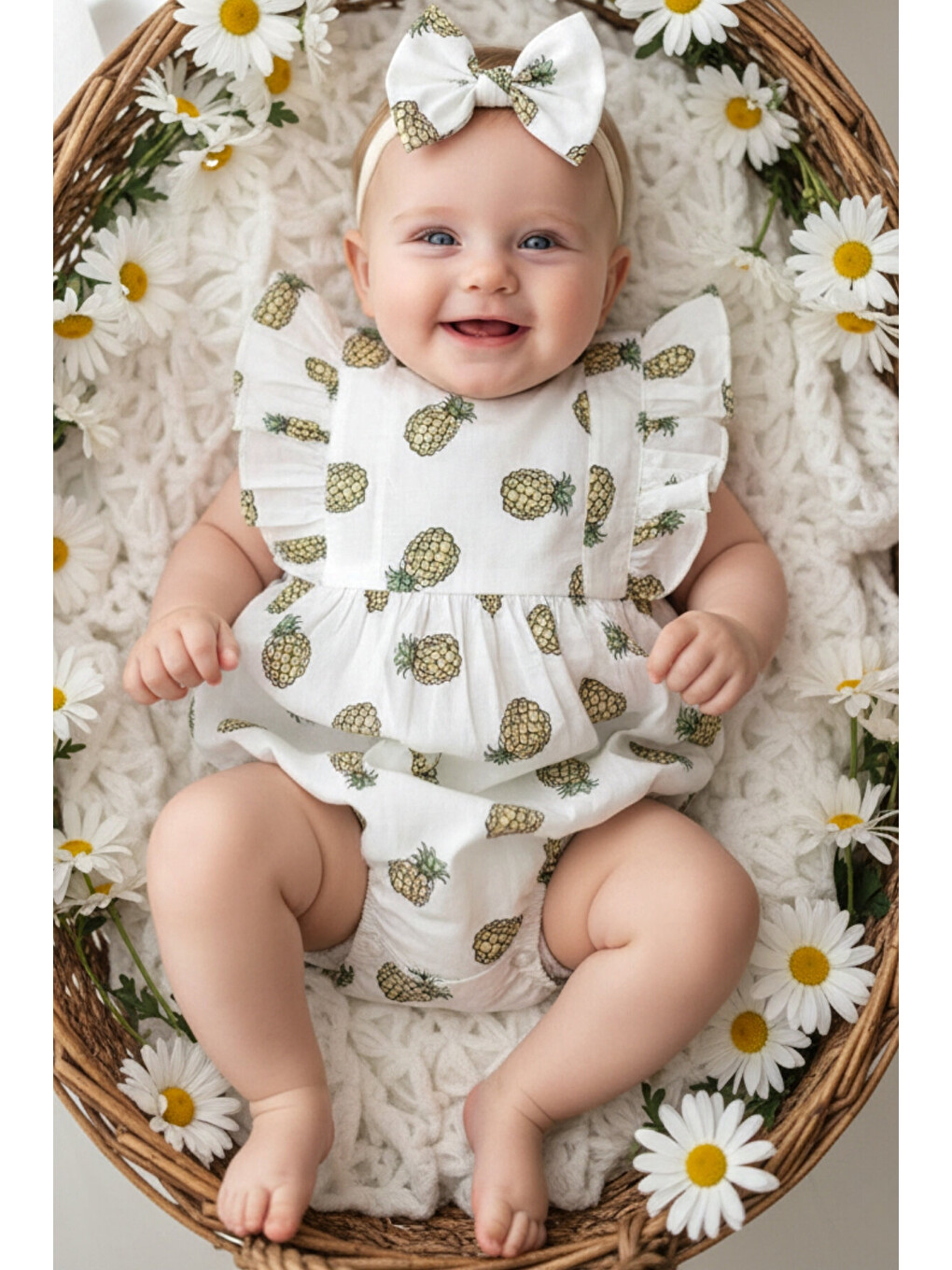 Kız Bebek Beyaz Ananas Desenli Pamuklu Salopet Bandana Takım