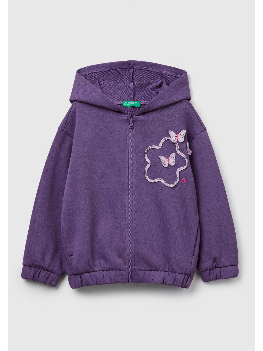 Kız Çocuk Mor Önü Aplikeli Fermuarlı Yan Cepli Kapüşonlu Sweatshirt
