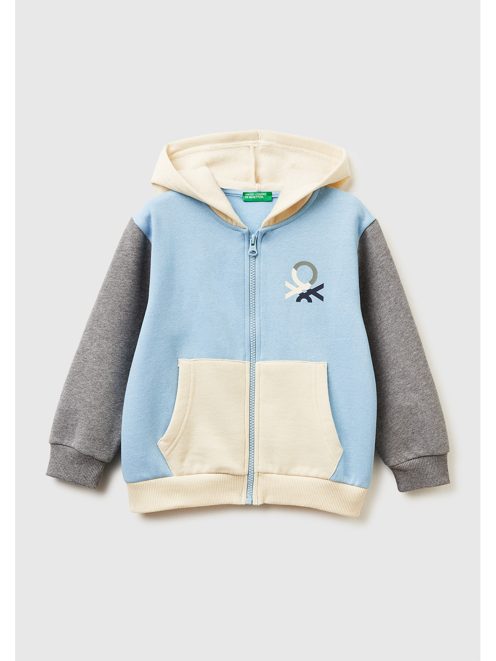 Erkek Çocuk Mavi-krem Önü Logo Baskılı Fermuarlı Regular Fit Kapüşonlu Sweatshirt