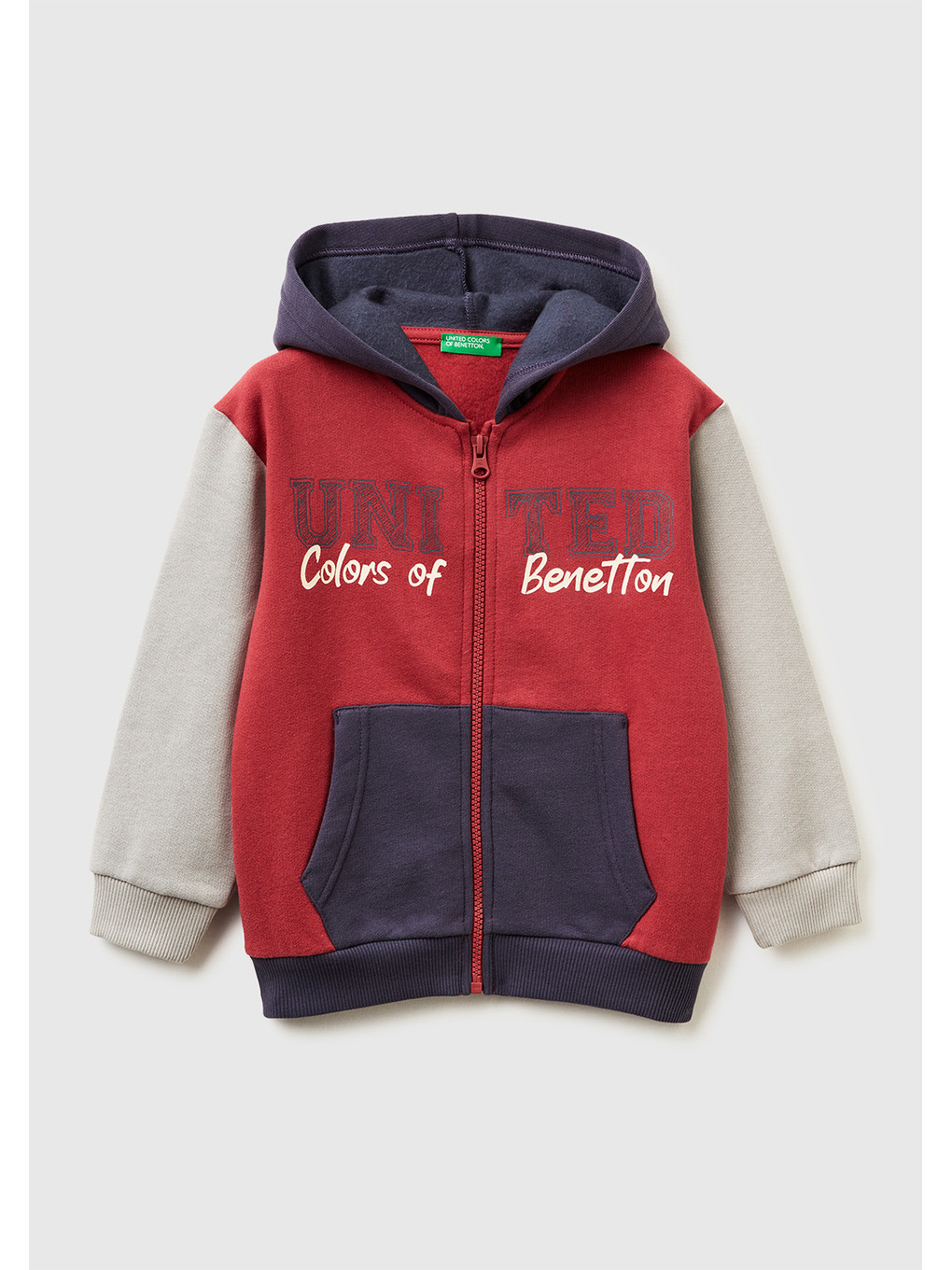 Erkek Çocuk Bordo-gri Önü Logo Baskılı Fermuarlı Regular Fit Kapüşonlu Sweatshirt