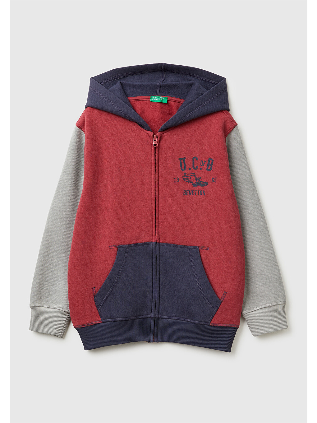 Erkek Çocuk Bordo-gri Önü Logo Baskılı Cepli Fermuarlı Sweatshirt