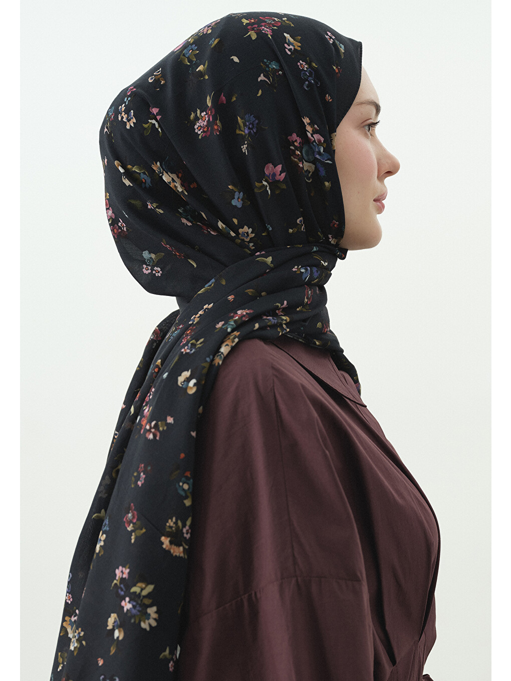 Lacivert Tıny Blooms Desenli Pamuk Viskon Şal-2