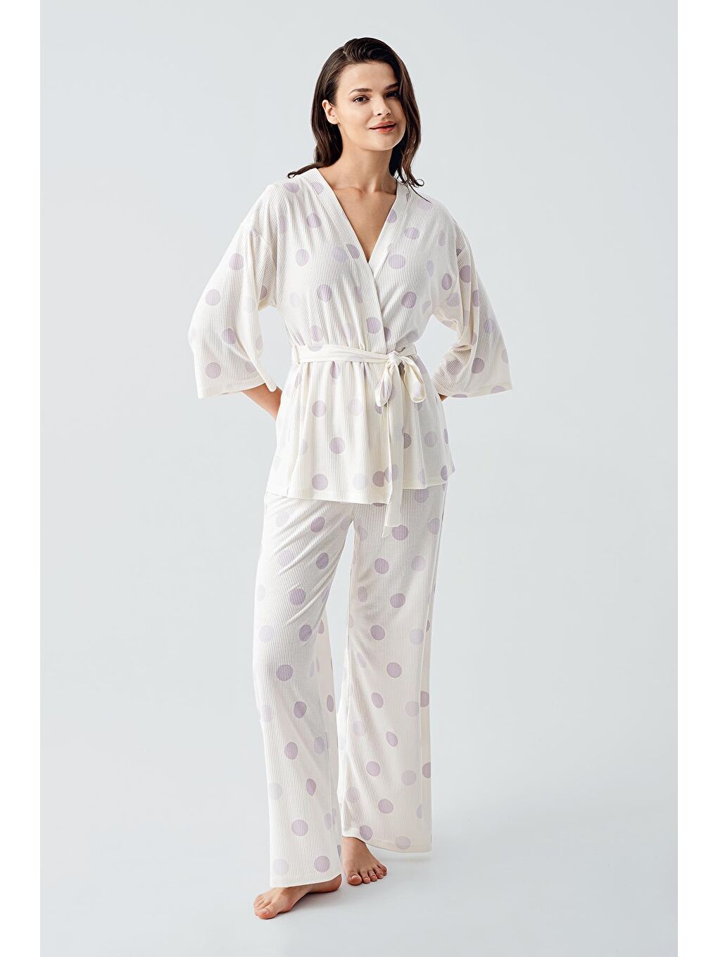 Lila Trukvakar Kol Puantiyeli Kimono Esnek Viskoz Pijama Takım 17212
