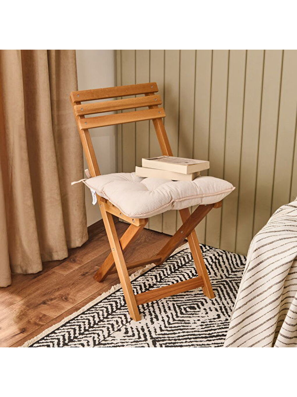 Soft Palm Breeze İnce Çizgili Sandalye Minderi - Ekru / Bej - 43x43 cm-7