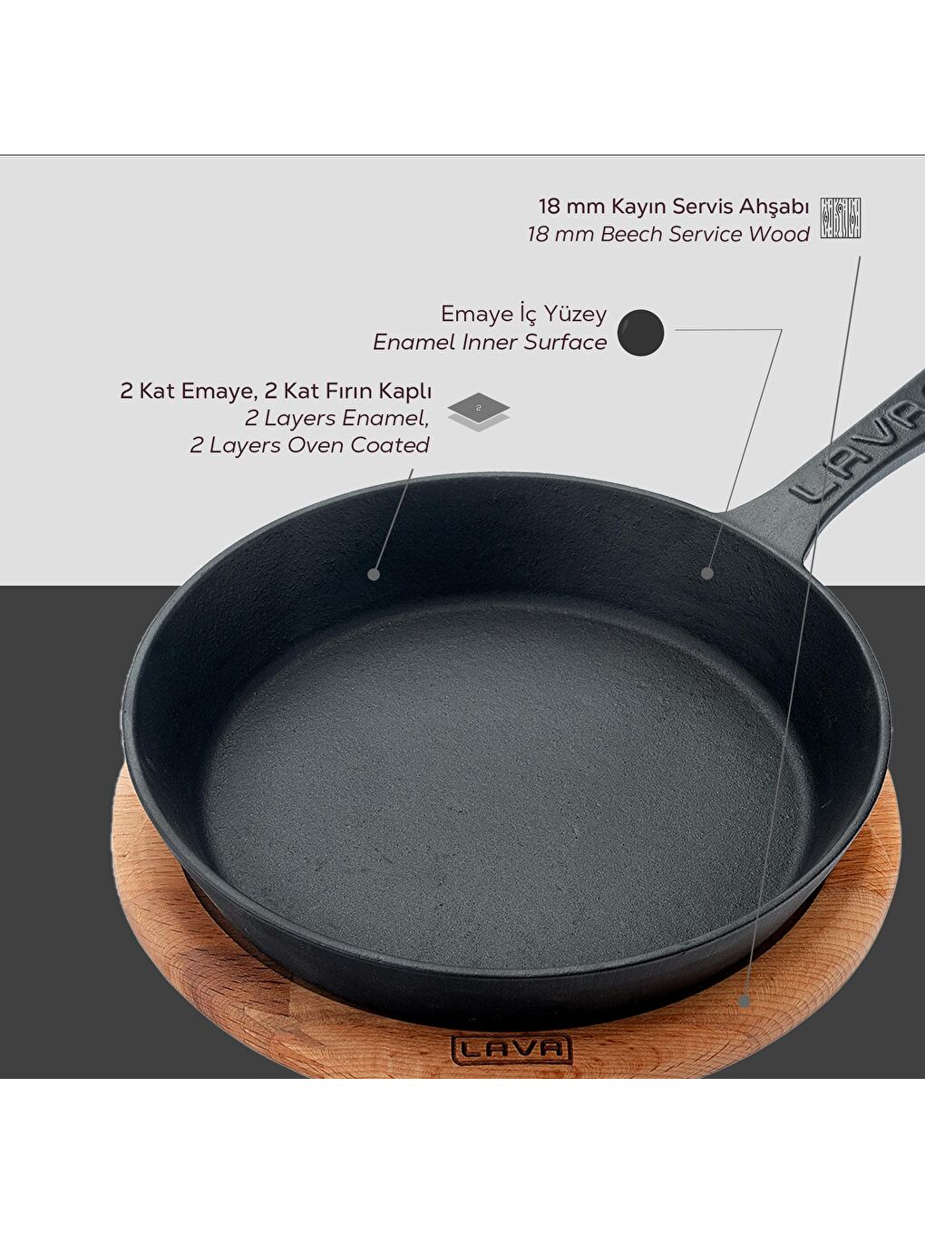 Siyah Yuvarlak Kızartma Tavası Yekpare Saplı Kayın Servis Ahşabı. Çap(Ø)20cm-5