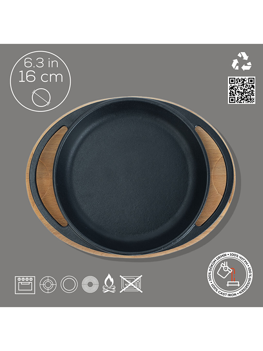 Siyah Yuvarlak Sahan Döküm Demir Yekpare Çift Kulplu Kayın Servis Ahşabı Çap(Ø)16cm.-3