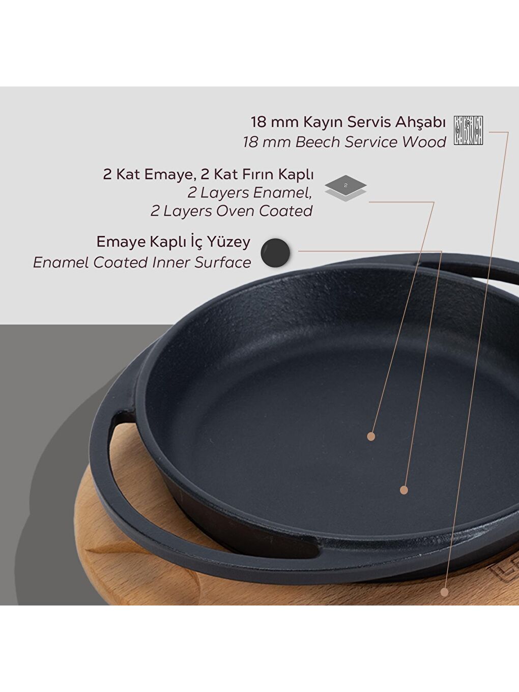 Siyah Yuvarlak Sahan Döküm Demir Yekpare Çift Kulplu Kayın Servis Ahşabı Çap(Ø)16cm.-5