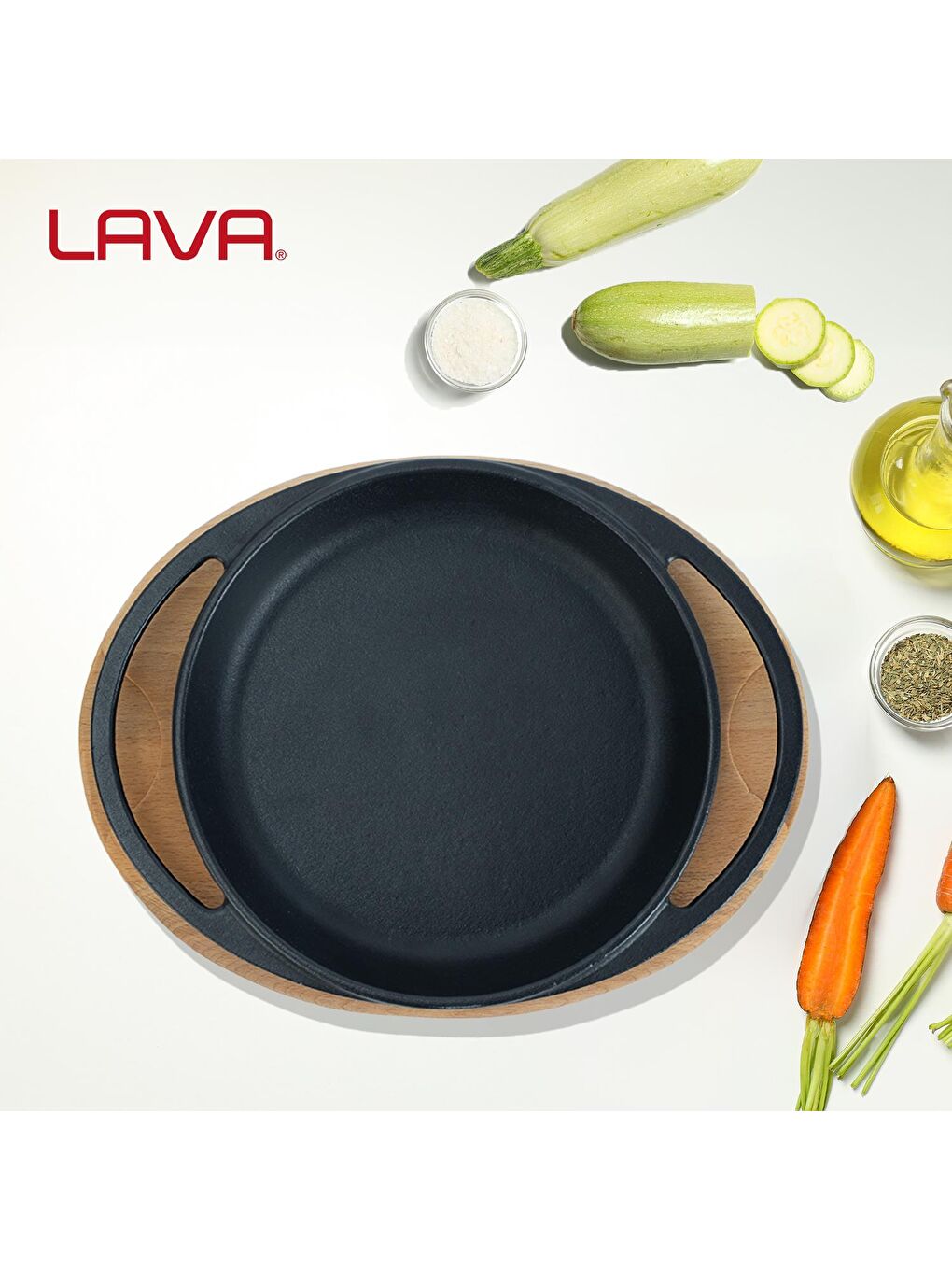 Siyah Yuvarlak Sahan Döküm Demir Yekpare Çift Kulplu Kayın Servis Ahşabı Çap(Ø)16cm.-6